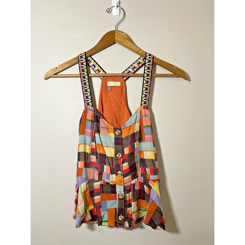 Pilcro Button Up Top Womens XS Patchwork Racerback Tank Woven Straps Ruffle
